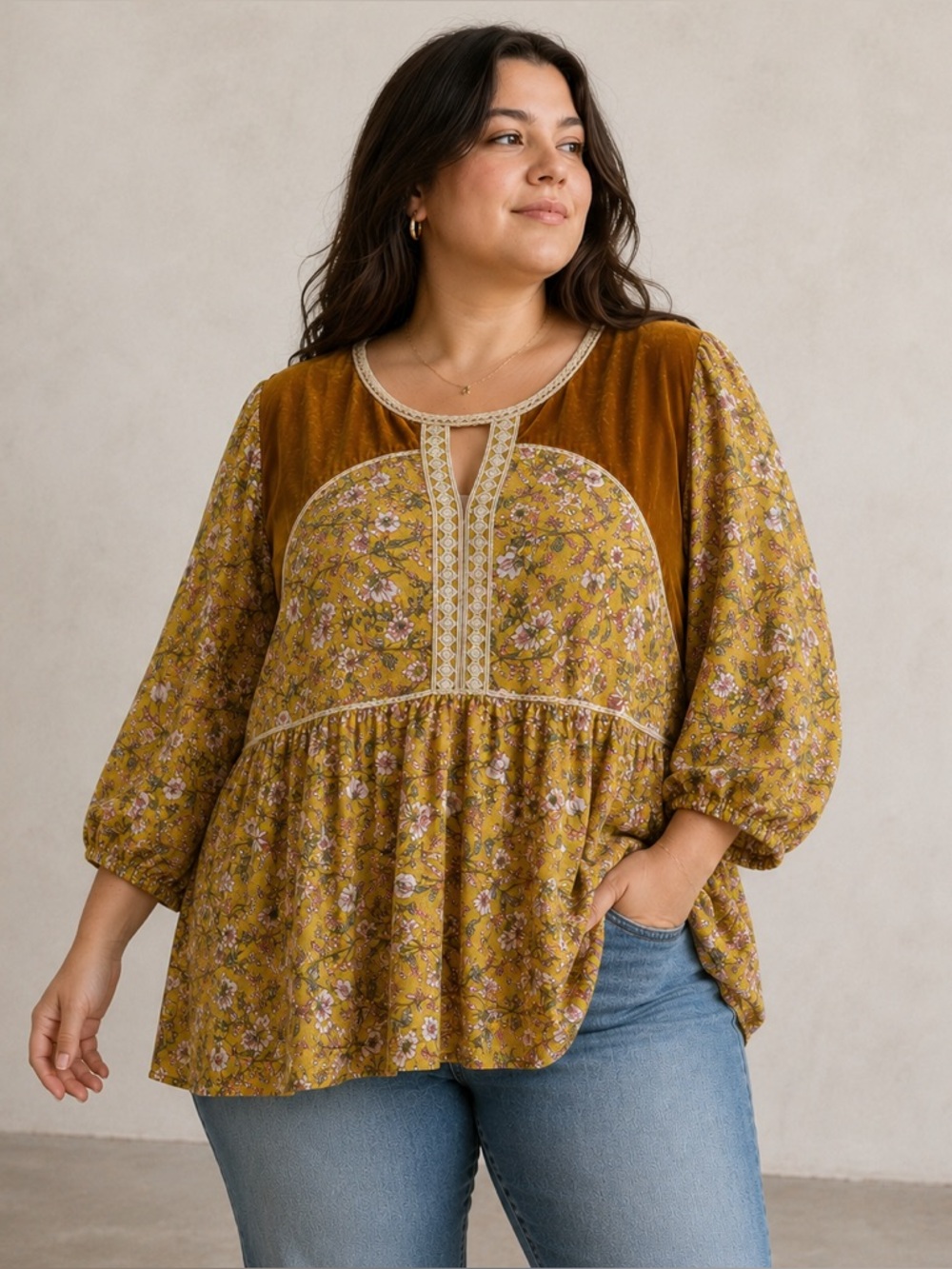 Suzanne Betro Top Womens 3X Plus Yellow Floral Velvet Boho Peasant Baby Doll